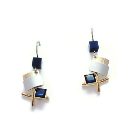 Navy Blue Catsite Smaller Square Two-tone Dangle Earrings - Click Image to Close